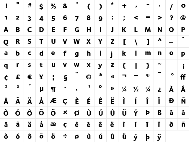 FoundrySterling-ExtraBoldOSF Regular  glyph index