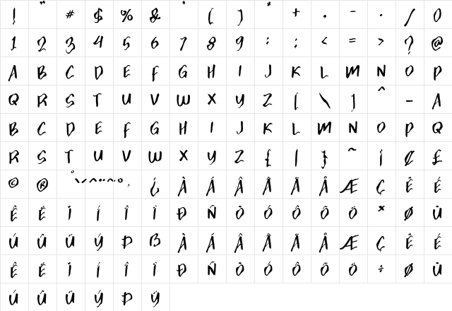 Zonijone Regular  glyph index