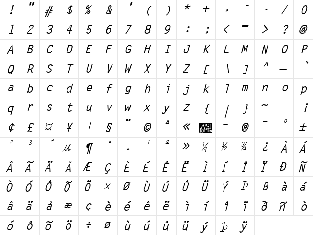 LetterGothic Bold Italic  glyph index