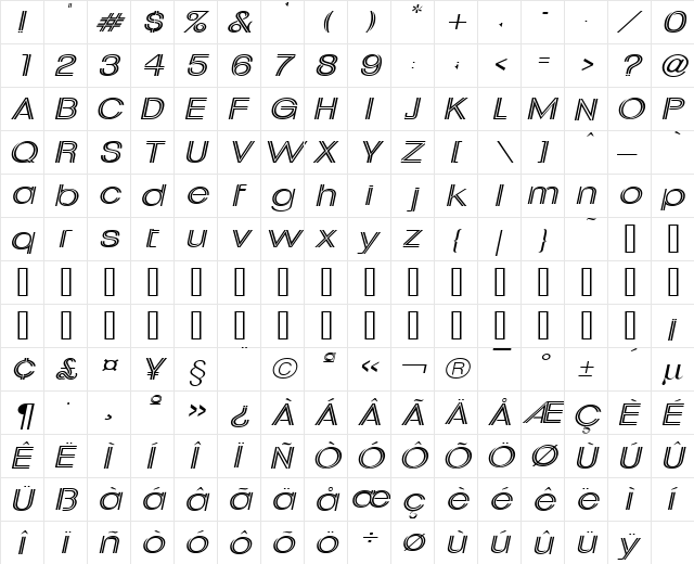 Downtown Wide Italic  glyph index