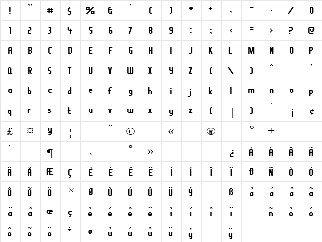 Fragile Bombers Regular  glyph index