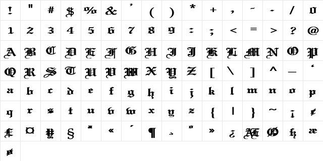 Old English Wd Bold Bold  glyph index