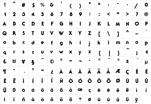 SerifGothicEF-Heavy Regular  glyph index