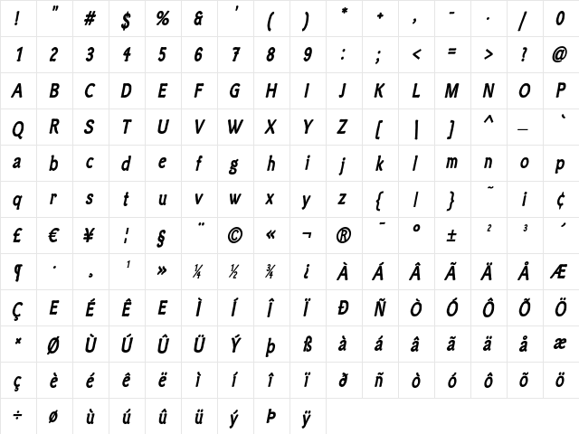 Clichee Bold Italic  glyph index