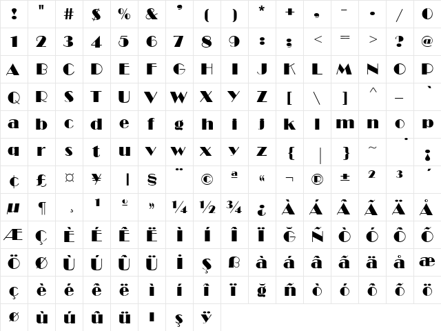 Bravo Regular  glyph index