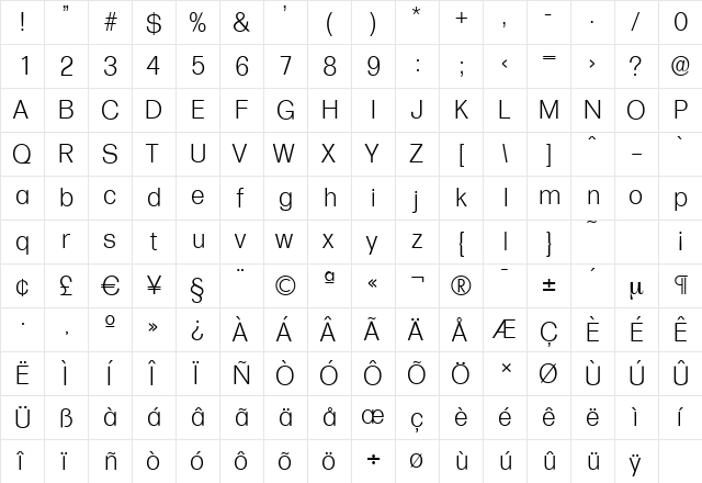 FormulaSerial-Light Regular  glyph index