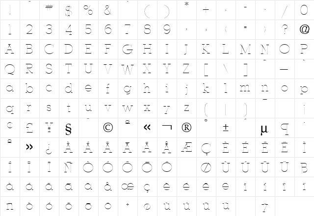 Stymie Hairline Regular  glyph index