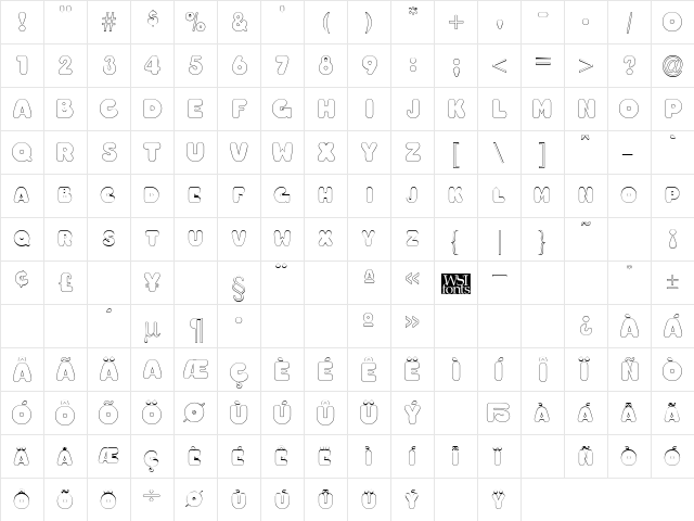 ChubbyOutline Regular  glyph index