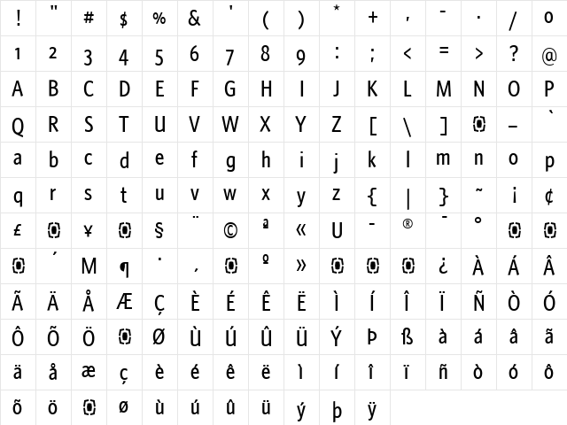 WhitneySans-MediumCondOSF Regular  glyph index