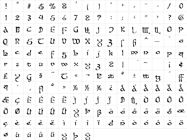 Fanjofey AH Regular  glyph index