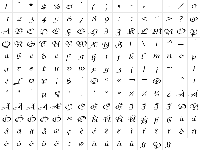 AgincortExtended Italics  glyph index