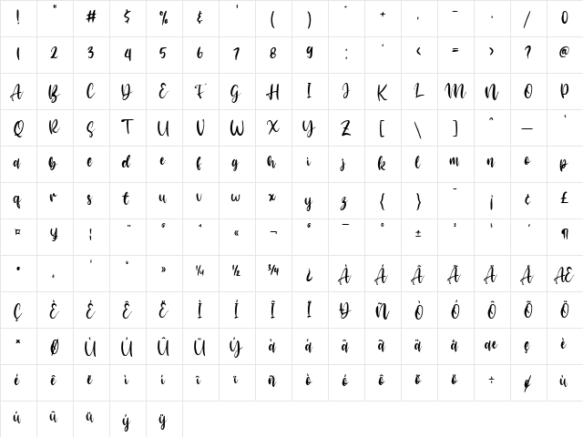 Arastela Regular  glyph index