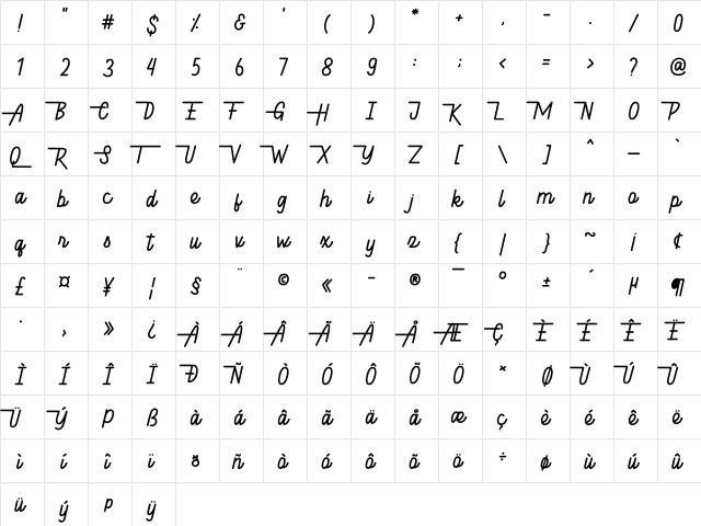 Hellytail Regular  glyph index