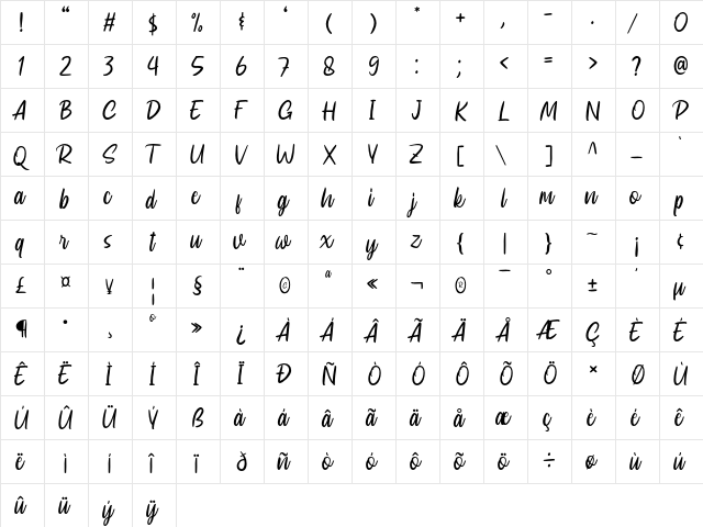 Broderick Regular  glyph index
