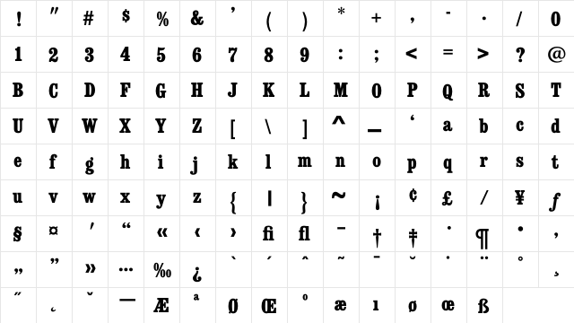 ConsortExtraBoldCondensed Regular  glyph index