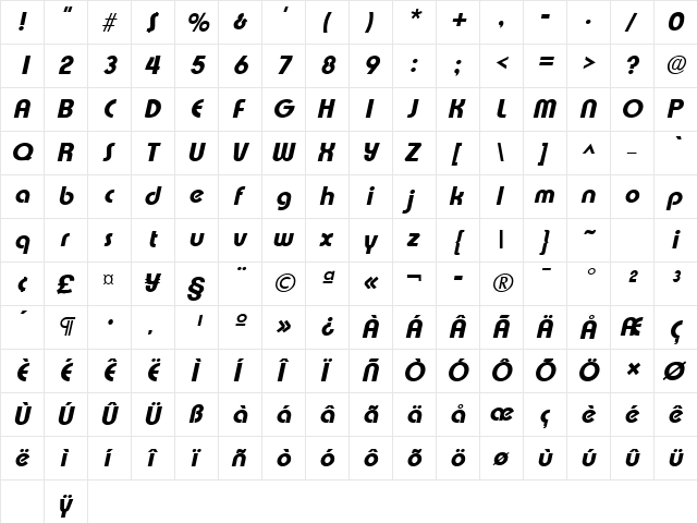 Expressa Bold Italic  glyph index