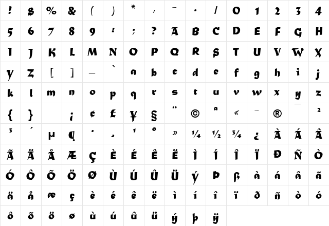Matura MT Regular  glyph index