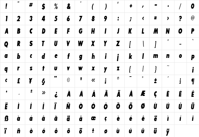 BouganBlackCondSSK BoldItalic  glyph index