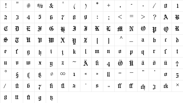 Engravers Old English BQ Regular  glyph index