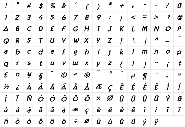 Twig Bold Oblique Regular  glyph index