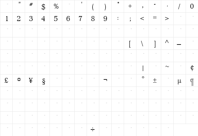 WaverlyLightTab Roman  glyph index