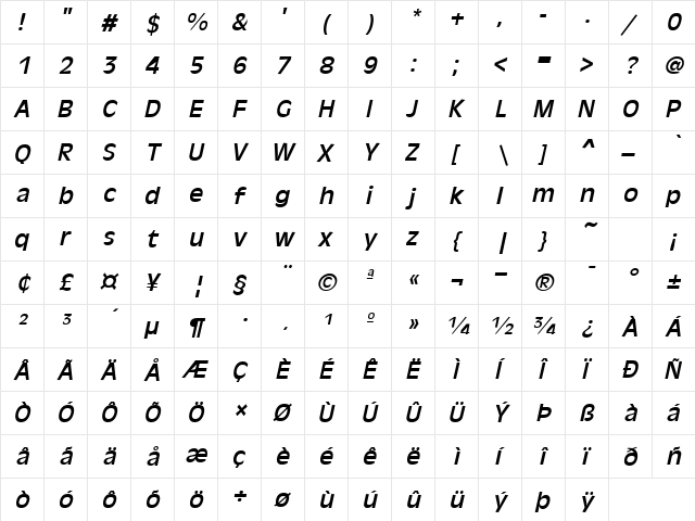 Holland Italic  glyph index