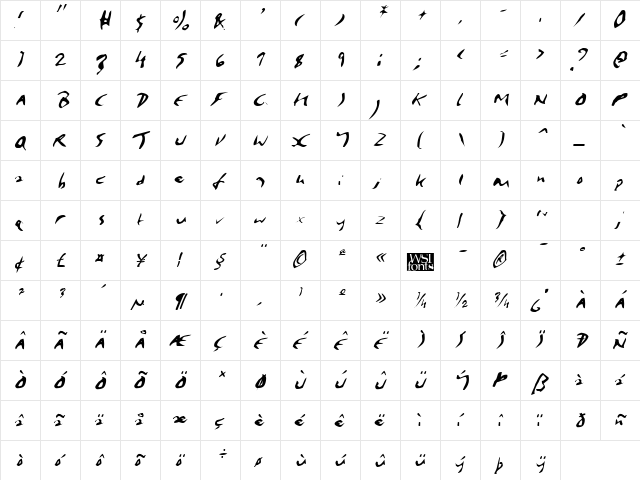 Elmore Italic  glyph index