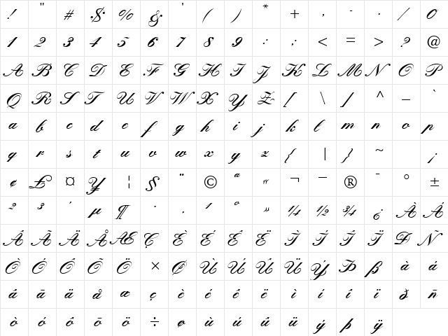 QuillScriptBlackSSK Regular  glyph index