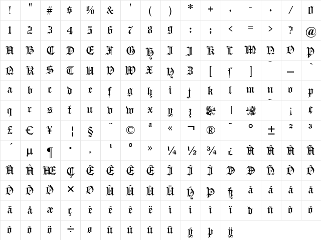 Headline Text Regular  glyph index