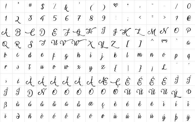 Vampire Calligraphy Regular  glyph index