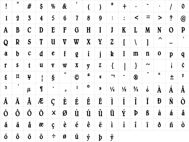 Blew-Condensed Bold  glyph index