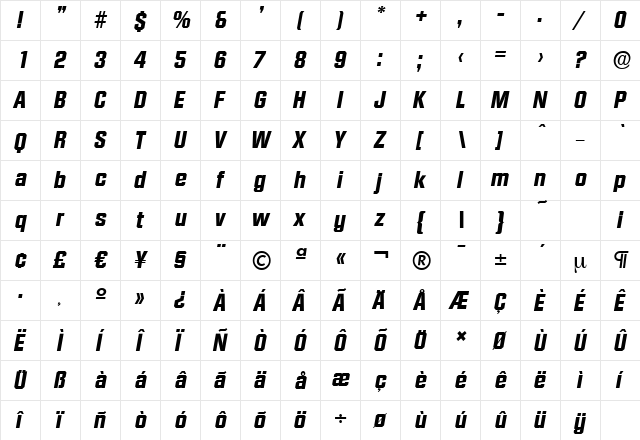 DiamanteSerial-Xbold Italic  glyph index