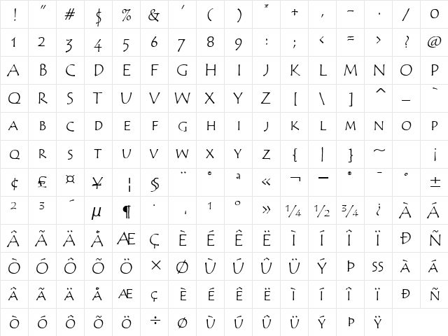 Tempus Sans SC ITC TT Regular  glyph index