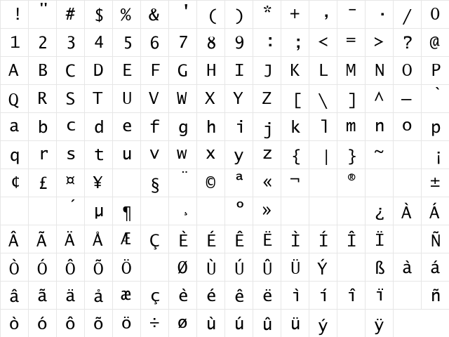 Lucerne Square Regular  glyph index