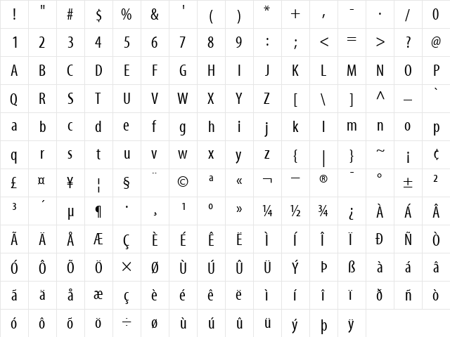 Myriad-Condensed Roman  glyph index