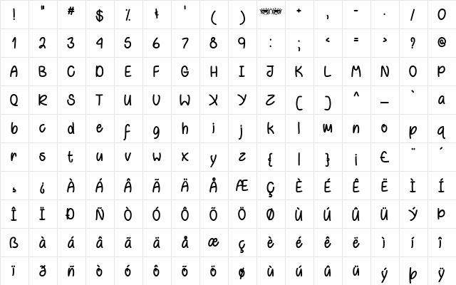 Behind Violet Eyes Regular  glyph index