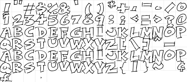 Rough Comic Outlines Regular  glyph index