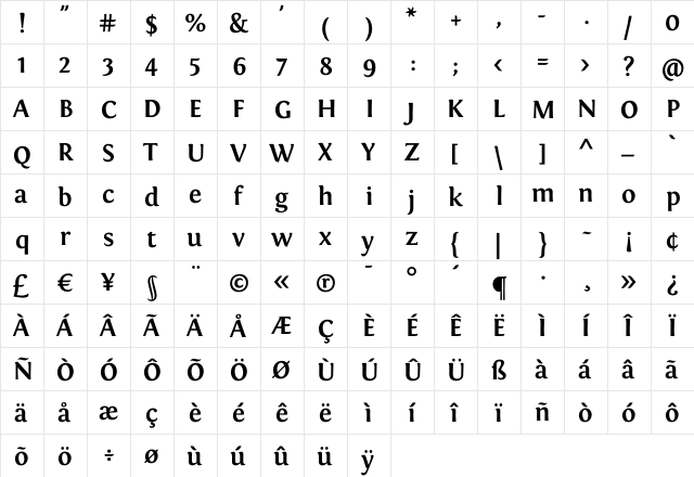 Fontin Bold  glyph index