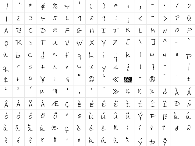 NappysHand Regular  glyph index