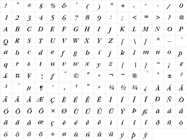 ITCGaramond-Book BookItalic  glyph index