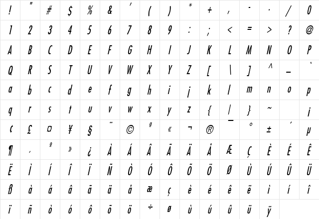 Fuji Thin Italic  glyph index