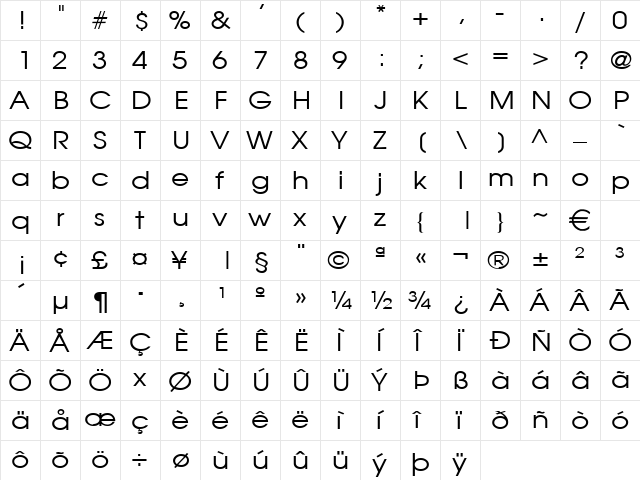 AtillaWide Normal  glyph index