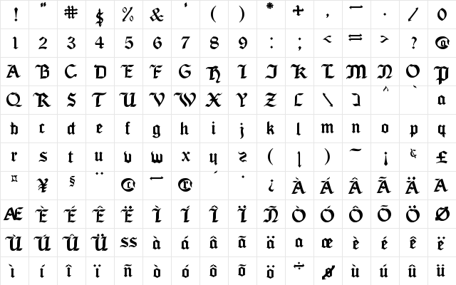 Seagram tfb Regular  glyph index