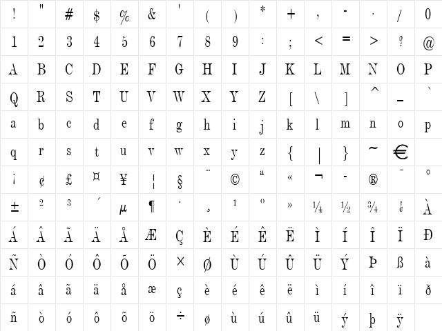 DevineCondensed Normal  glyph index