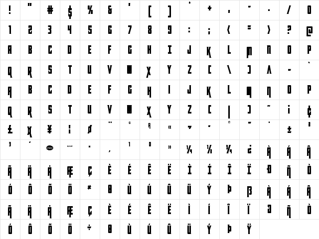 Kondor Condensed Condensed  glyph index