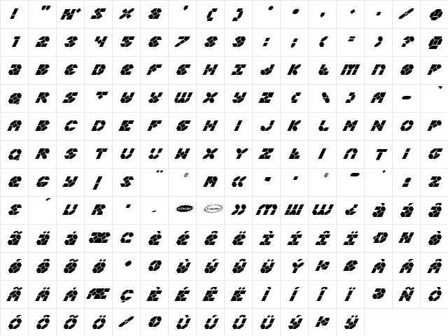 Zoom Runner Super-Italic Italic  glyph index