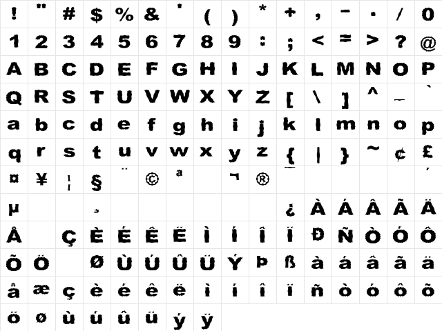 Roughhewn Regular  glyph index