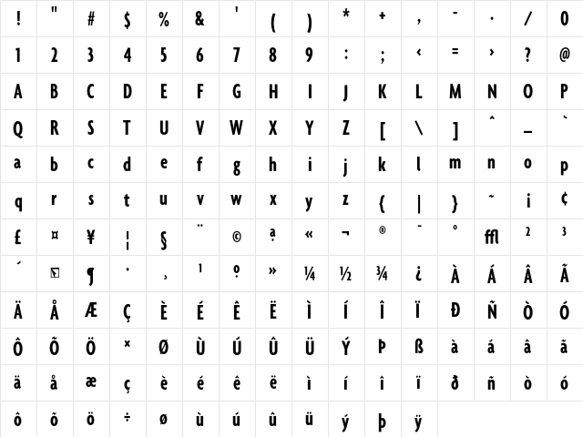 Agenda BoldExtraCondensed  glyph index