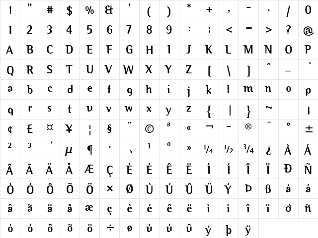 Binary ITC Std Bold  glyph index