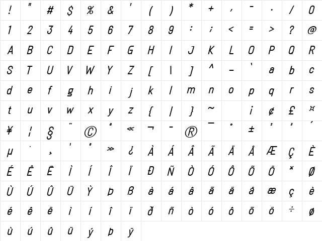 Linguineve Regular Italic  glyph index